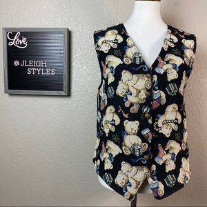 Christmas Teddy Bear Tapestry Black Vest XL Vintage